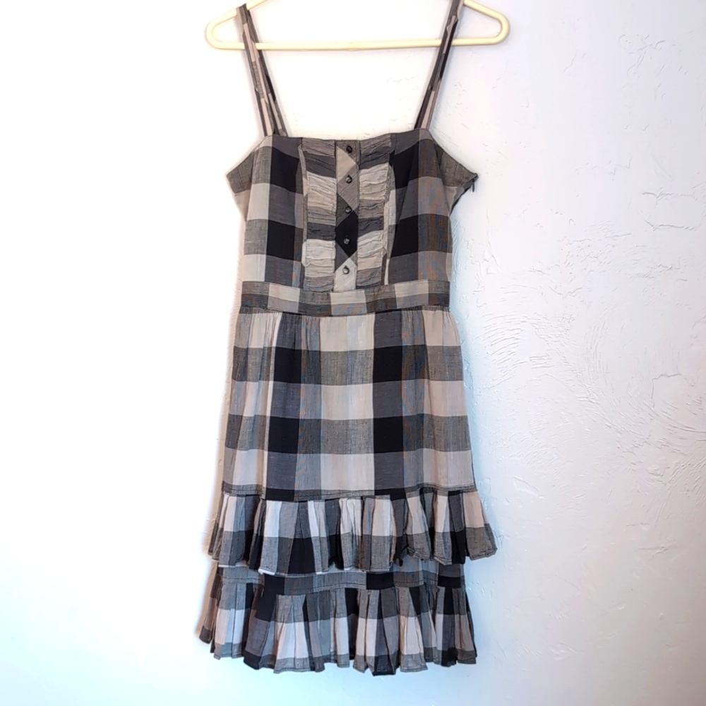 Trovata Anthropologie Plaid Ruffle Mini Dress Shades of Gray Women's Size Small